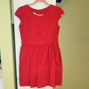 Embroidered Red Polka Dot Mini Dress Cap Sleeve Waist Tie Buttons XS Small